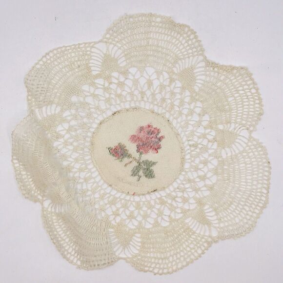 Hand Made Doilies W Counted Cross Stitch Roses Center Delicate Classic 13 Inch - Picture 3 of 5